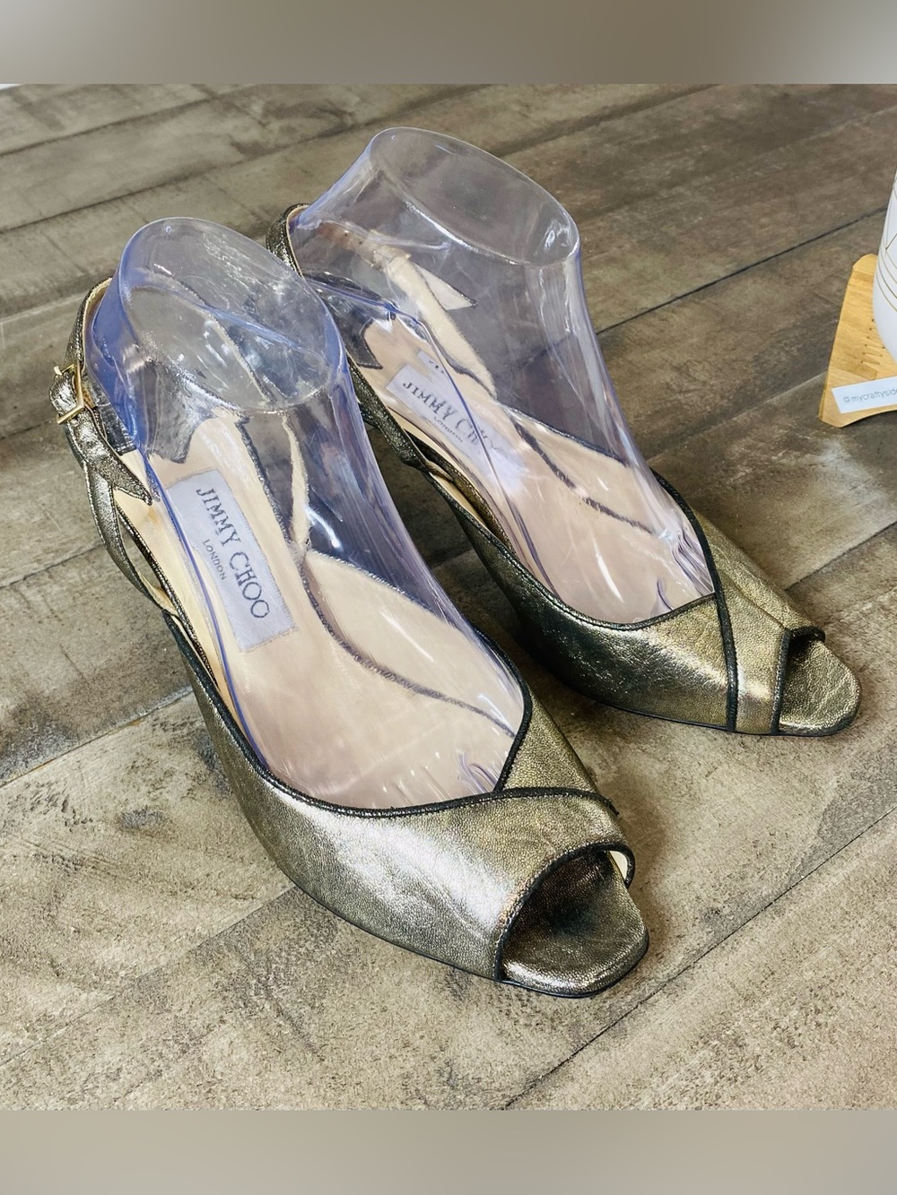 Jimmy Choo Metallic Gold Leather Peep-Toe Slingback Sandals Heels Size 9.5 EU 40
